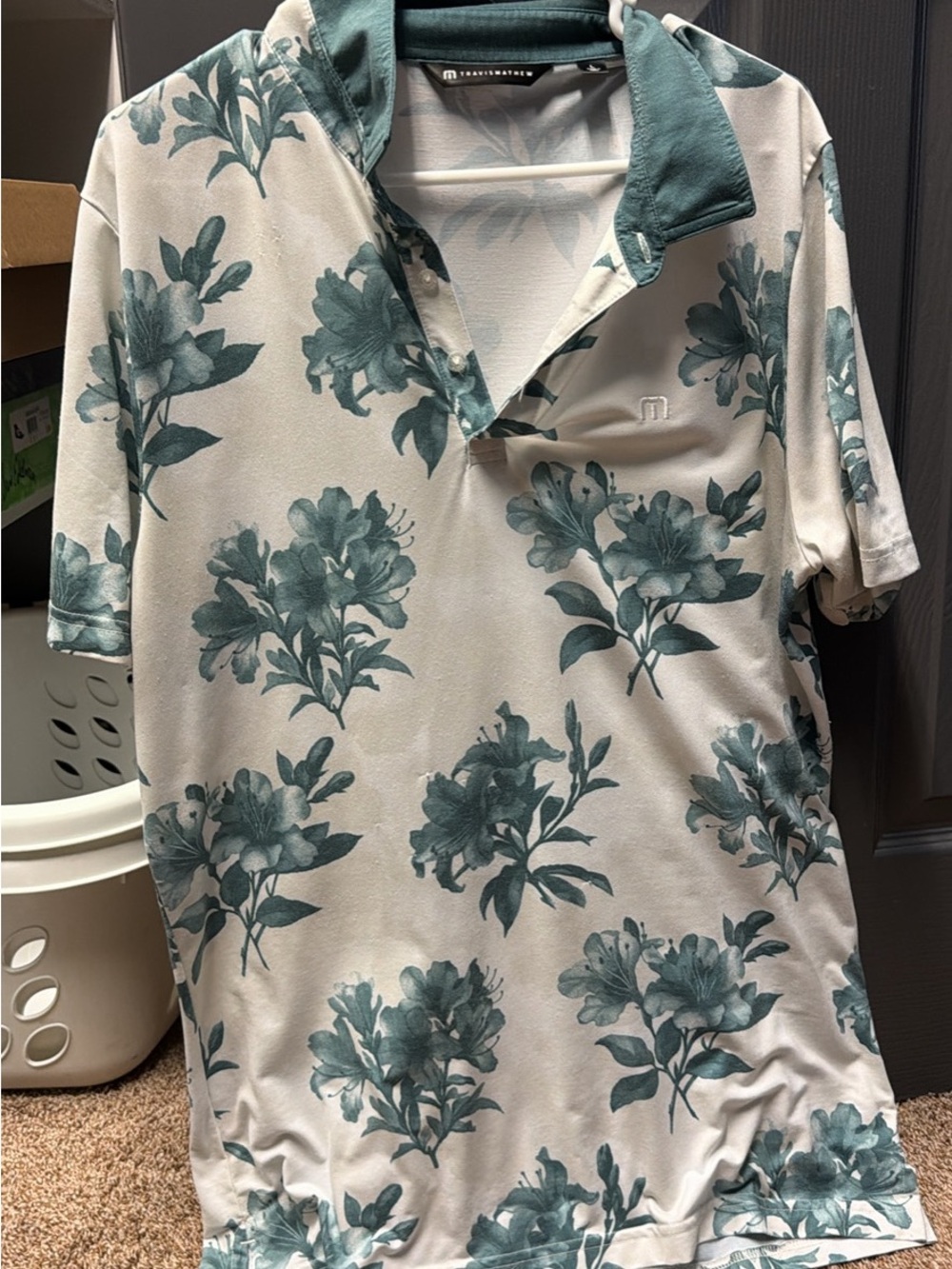 Travis Mathew Men's Teal Floral Polo on Cream Base